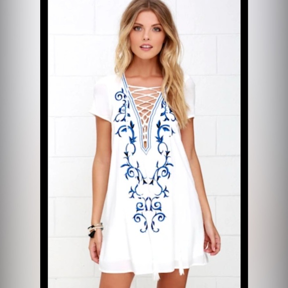 Lulu's White and Blue Midi Dress - Picture 2 of 7